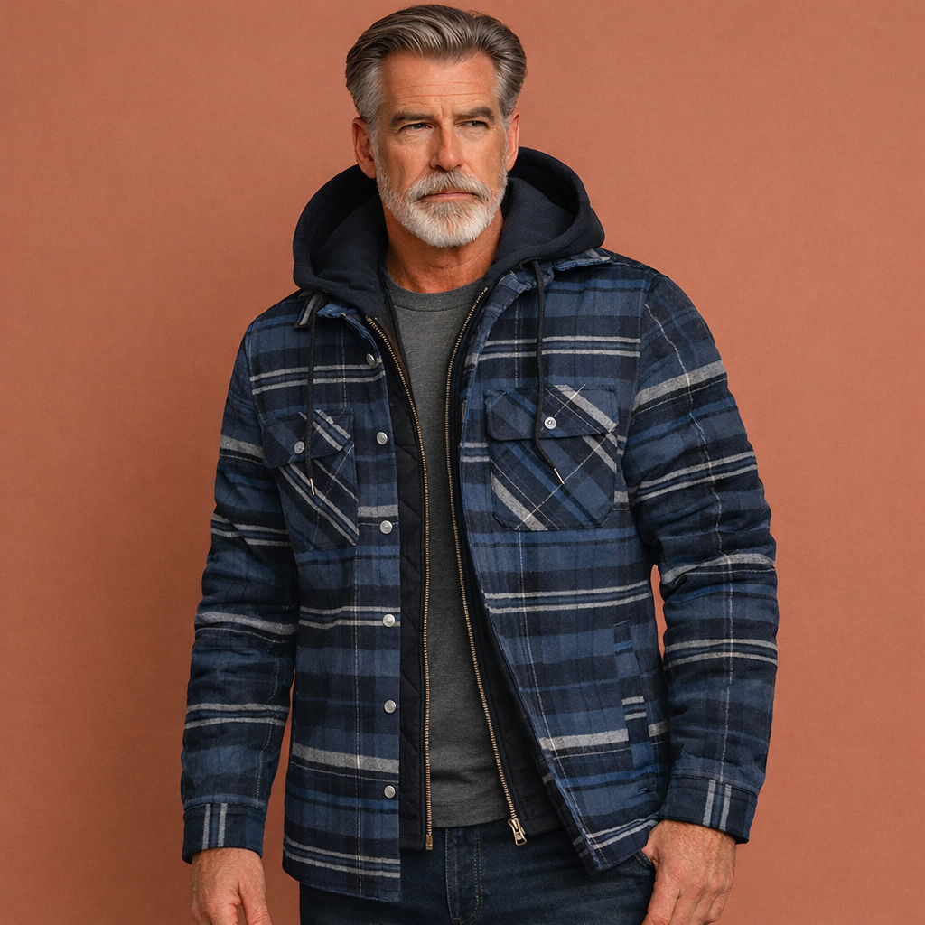 Donkerblauwe geruite herenjas met capuchon en comfortabele pasvorm, geschikt voor dagelijks gebruik en casual outfits.