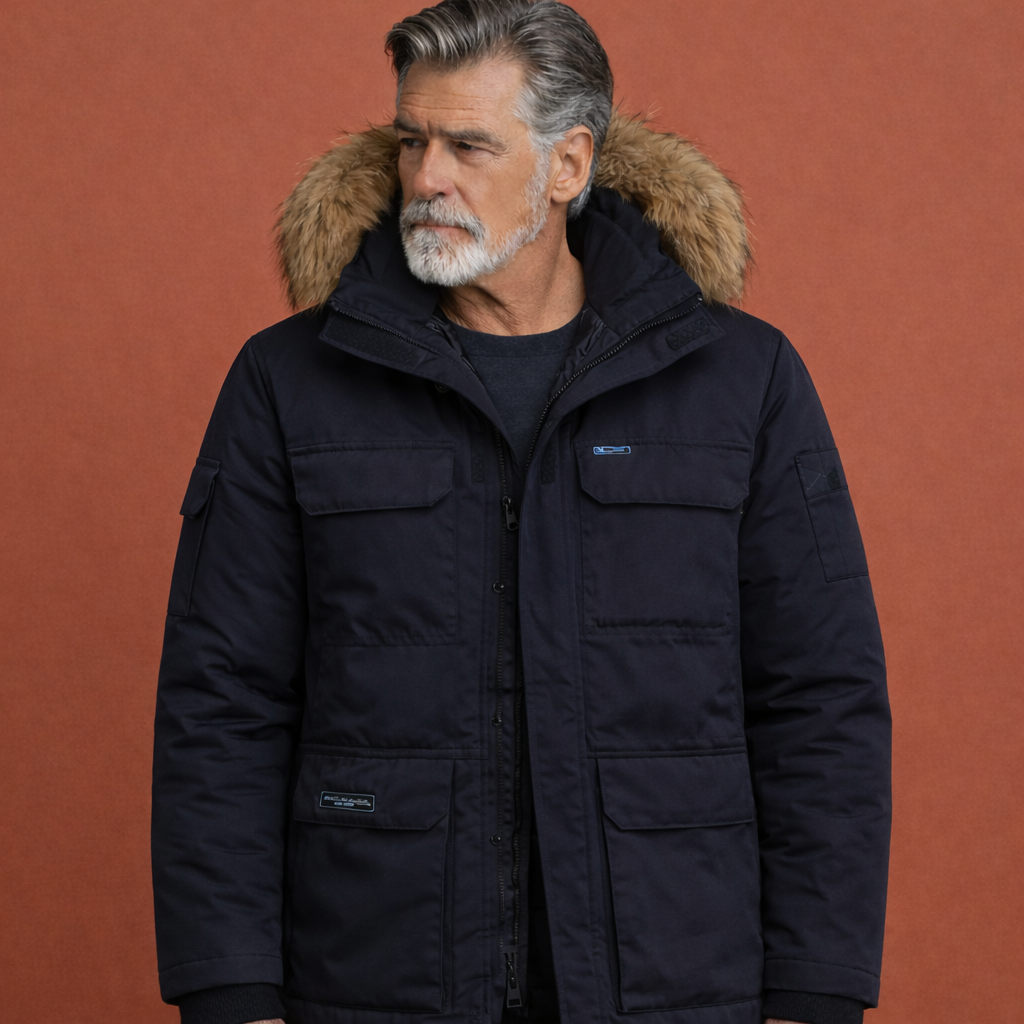 Donkerblauwe heren parka met capuchon en ritssluiting, geschikt voor dagelijks gebruik tijdens koude dagen.