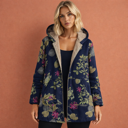 Donkerblauwe dames jas met capuchon en comfortabele pasvorm, ideaal voor dagelijks gebruik en koude dagen.