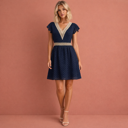 Donkerblauwe luchtige mini-jurk voor dames met V-hals en tailleband, ideaal voor zomerse dagen en casual gelegenheden.