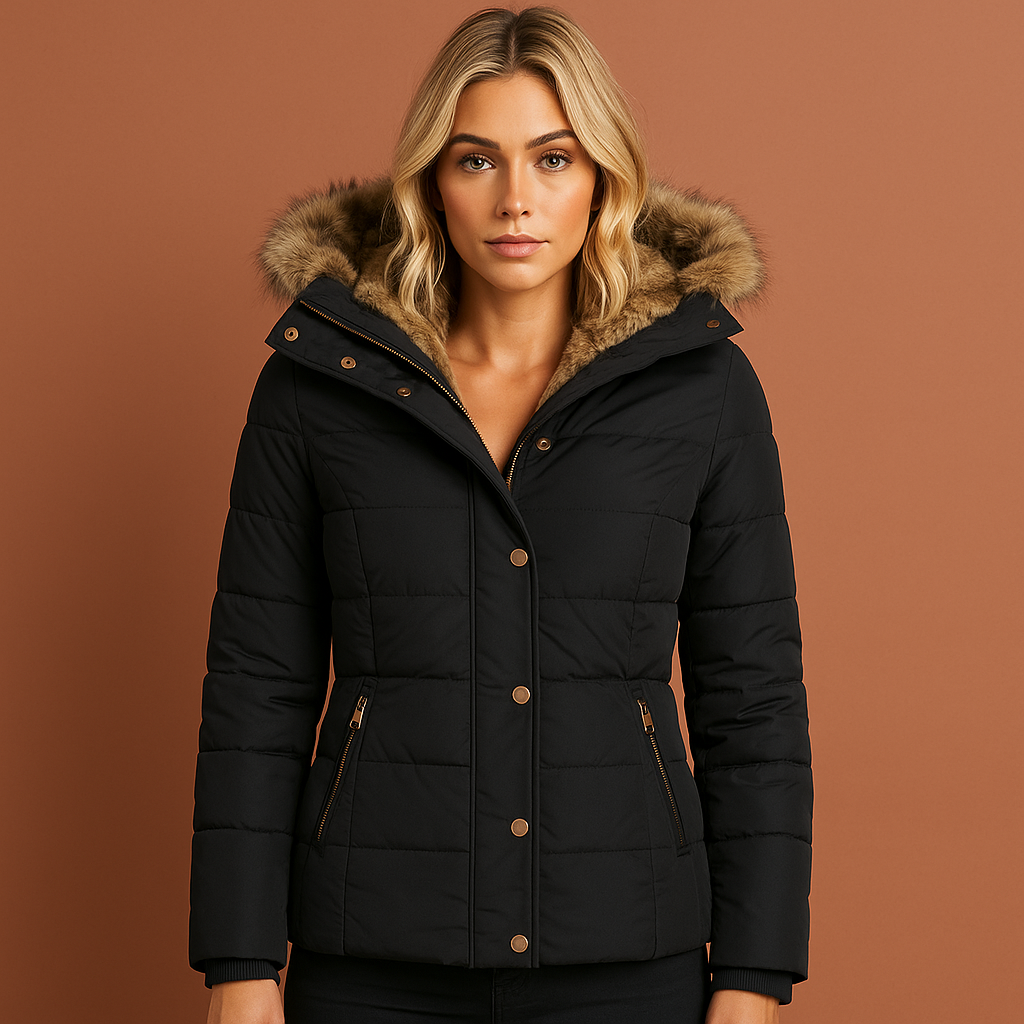 Donkerblauwe winterjas voor dames met warme pluche voering en comfortabele pasvorm, ideaal voor koude winterdagen.