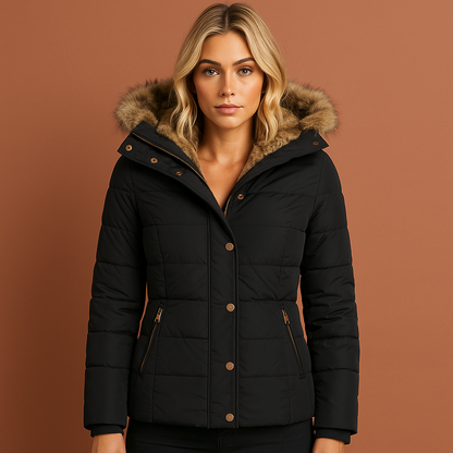 Donkerblauwe winterjas voor dames met warme pluche voering en comfortabele pasvorm, ideaal voor koude winterdagen.