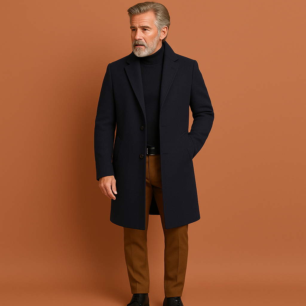 Warme wintermantel voor heren in donkerblauwe kleur met tijdloze pasvorm, ideaal voor koude dagen en formele outfits.