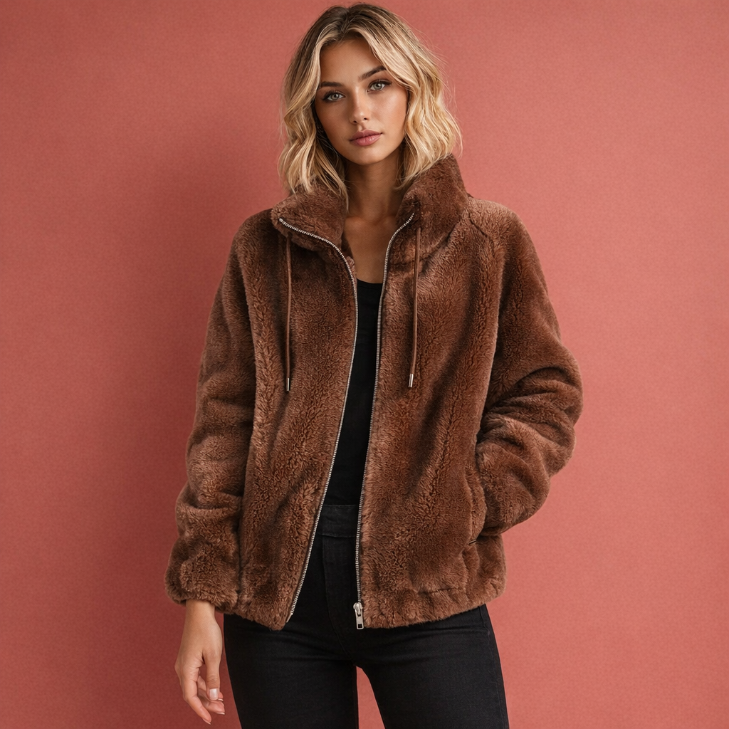 Donkerbruin dames vest met ritssluiting en opstaande kraag, comfortabel voor dagelijks gebruik tijdens frisse dagen.