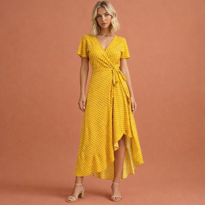 Donkergele gebloemde wikkeljurk voor dames met V-hals en ruffles, perfect voor zomerse dagen en elegante gelegenheden.