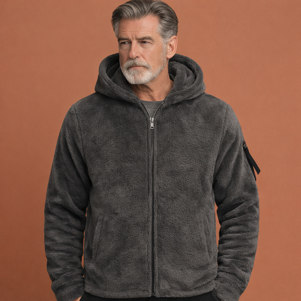 Donkergrijs warm heren vest met capuchon en ritssluiting, geschikt voor dagelijks gebruik en comfortabele casual outfits.