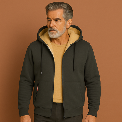 Heren fleece trui in donkergrijs met bontvoering, warm en comfortabel voor casual en stijlvolle outfits in de herfst en winter.