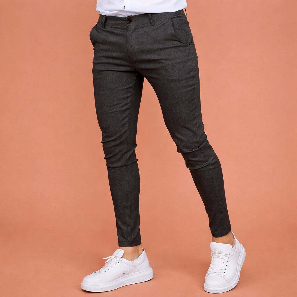Heren slim-fit pantalon in donkergrijs met modern design, comfortabel en stijlvol voor zakelijke en smart-casual outfits.