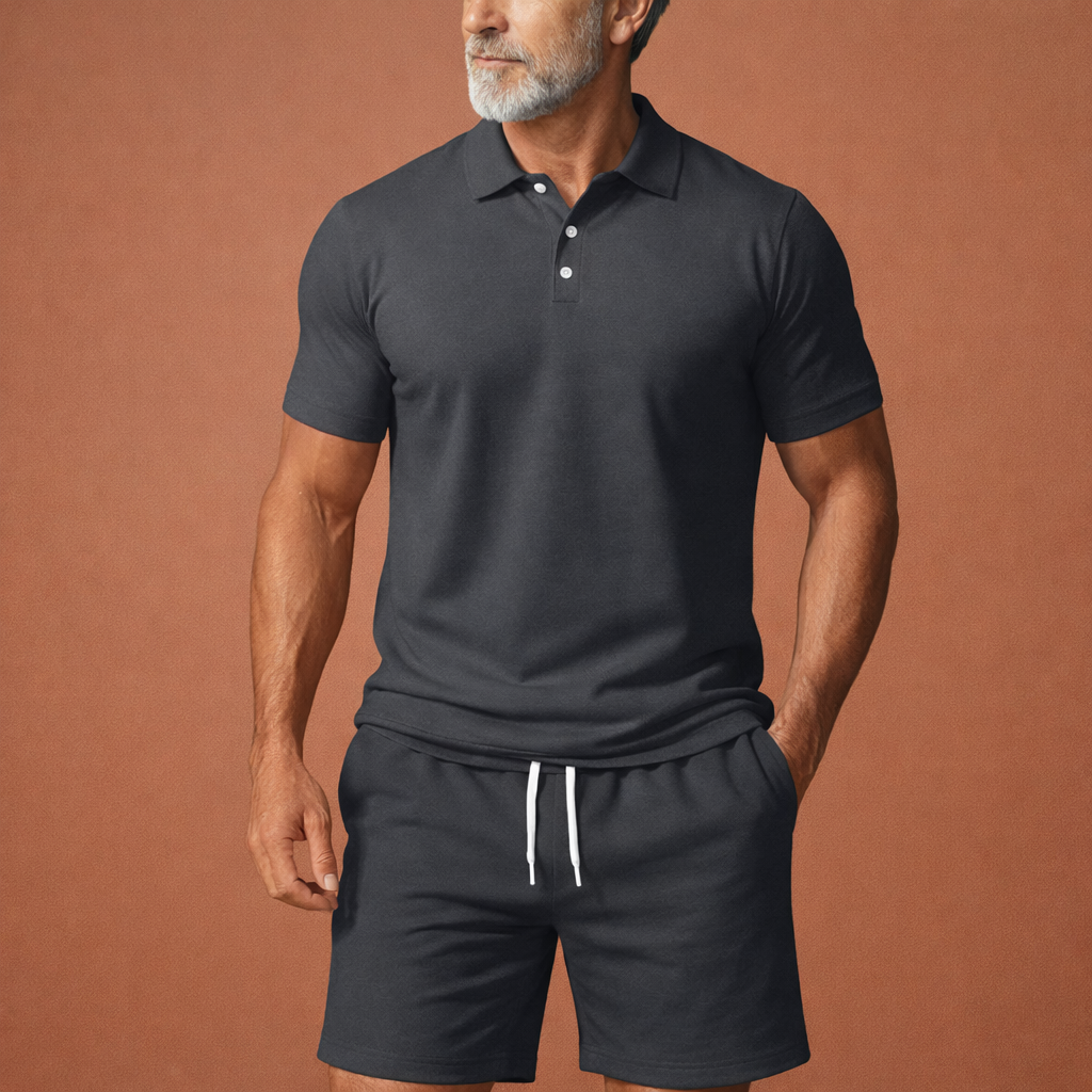 Heren tweedelige set in donkergrijs met minimalistisch design, zacht en comfortabel voor casual en stijlvolle outfits.