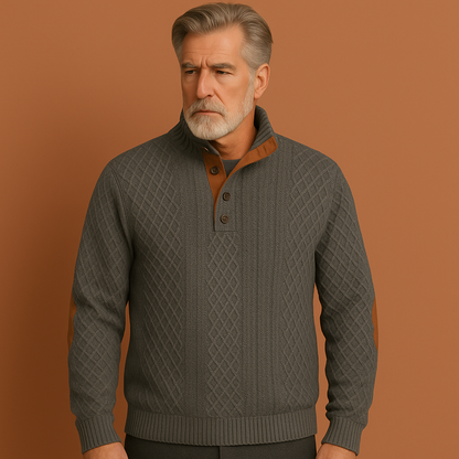 Donkergrijze herentrui met knoopkraag en elleboogdetails, geschikt voor een comfortabele en stijlvolle casual look.