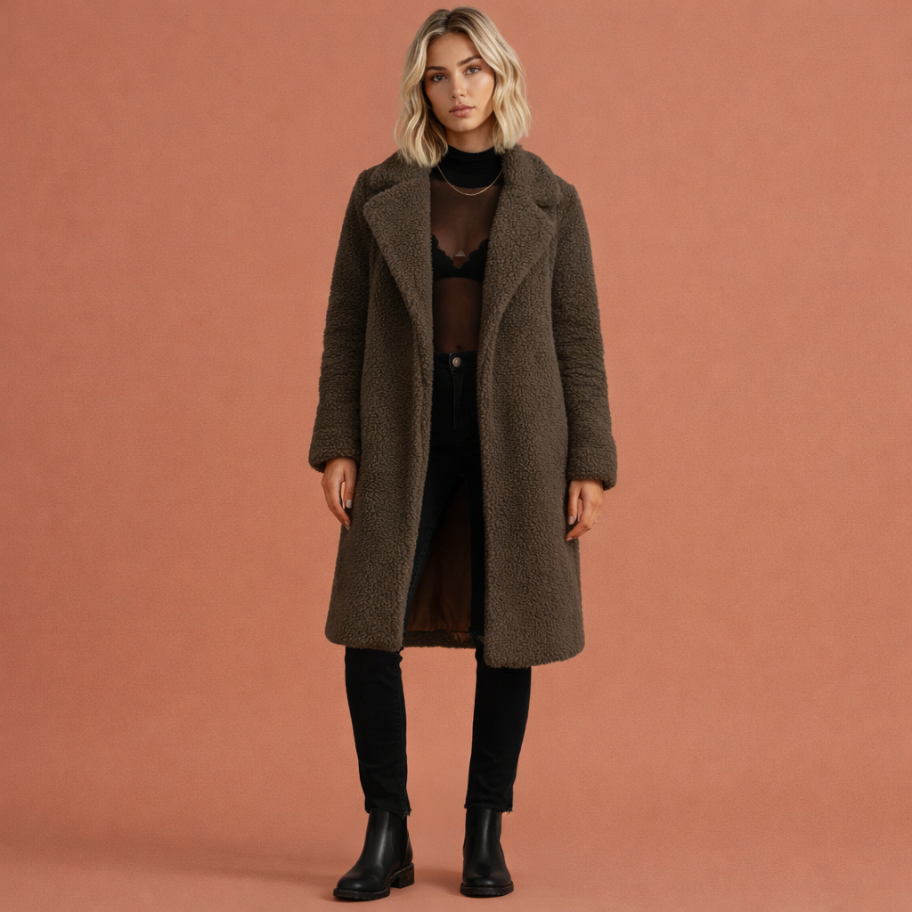 Donkergrijze dames lange jas met brede revers en comfortabele pasvorm, ideaal voor dagelijks gebruik en stijlvolle outfits.1