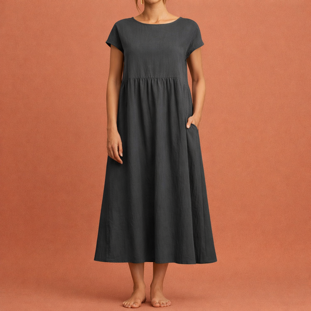 Dames midi jurk in donkergrijs met minimalistisch design, zacht en comfortabel voor casual en stijlvolle outfits.