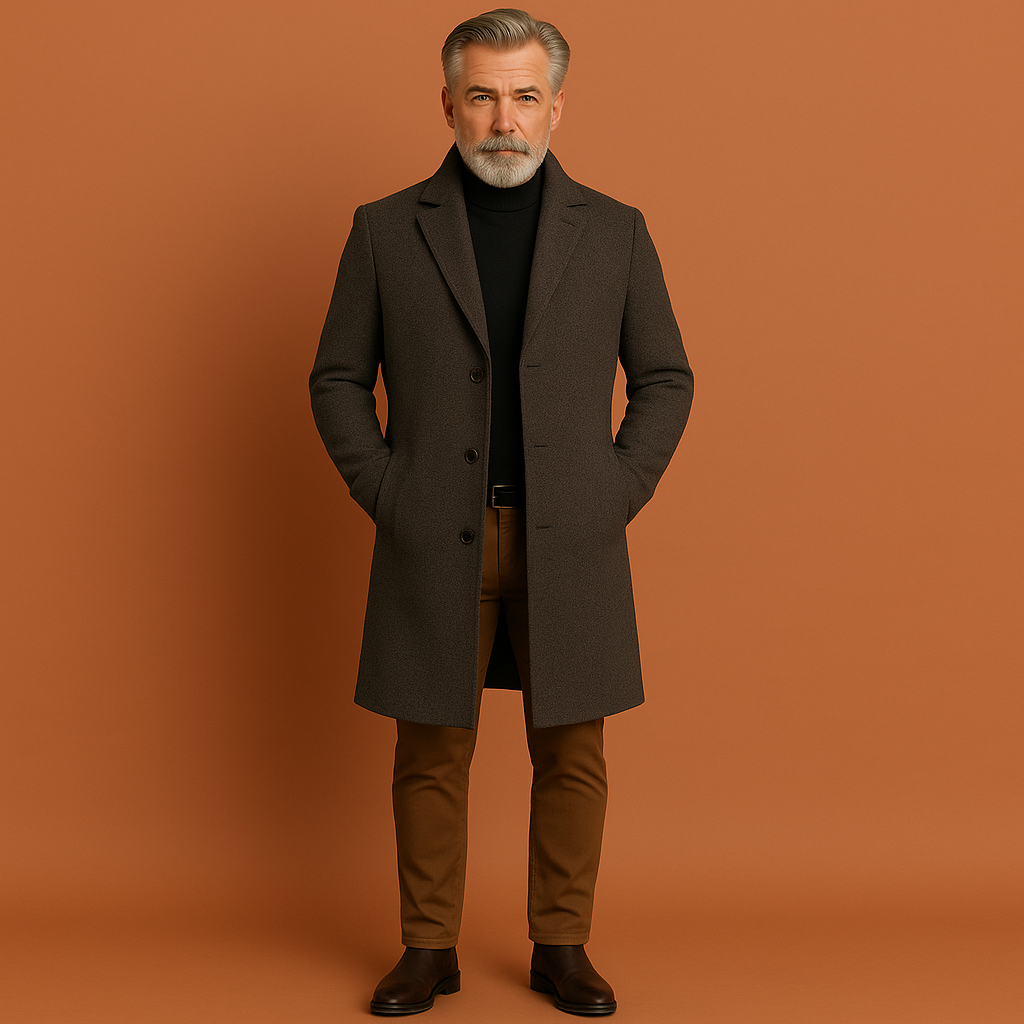 Warme wintermantel voor heren in donkergrijze kleur met tijdloze pasvorm, ideaal voor koude dagen en formele outfits.