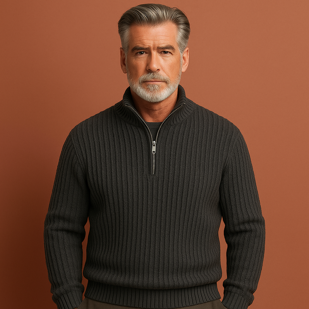 Zip pullover trui voor heren in donkergrijs, ideaal voor koude dagen en casual outfits.