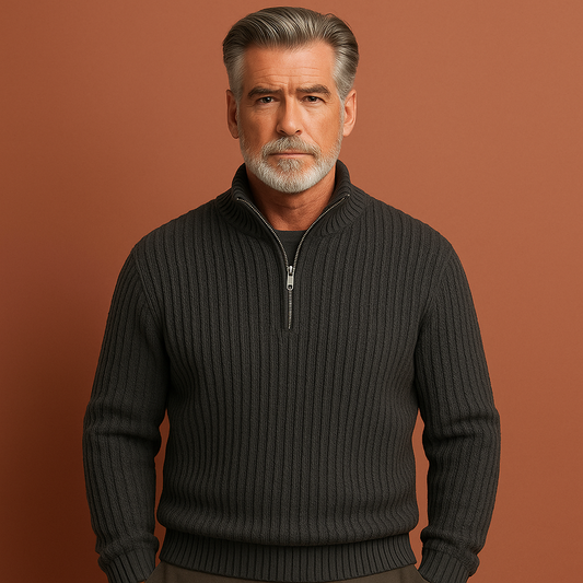 Zip pullover trui voor heren in donkergrijs, ideaal voor koude dagen en casual outfits.