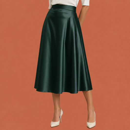 Dames midi rok in donkergroen met minimalistisch design, zacht en comfortabel voor casual en stijlvolle outfits.