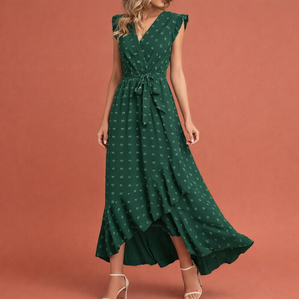 Dames maxi jurk in donkergroen met minimalistisch design, zacht en comfortabel voor casual en stijlvolle outfits.