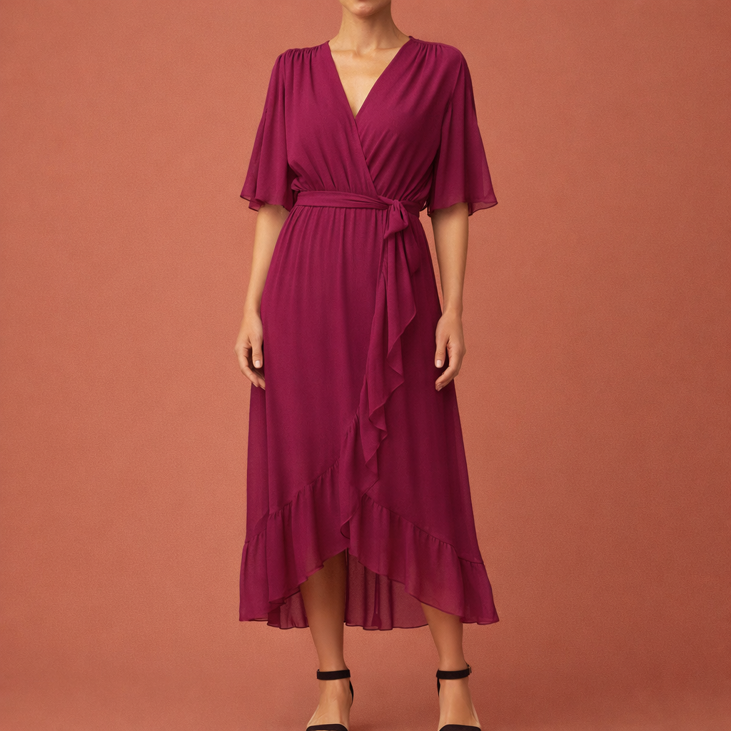 Dames maxi jurk in donkerpaars met minimalistisch design, zacht en comfortabel voor casual en stijlvolle outfits.
