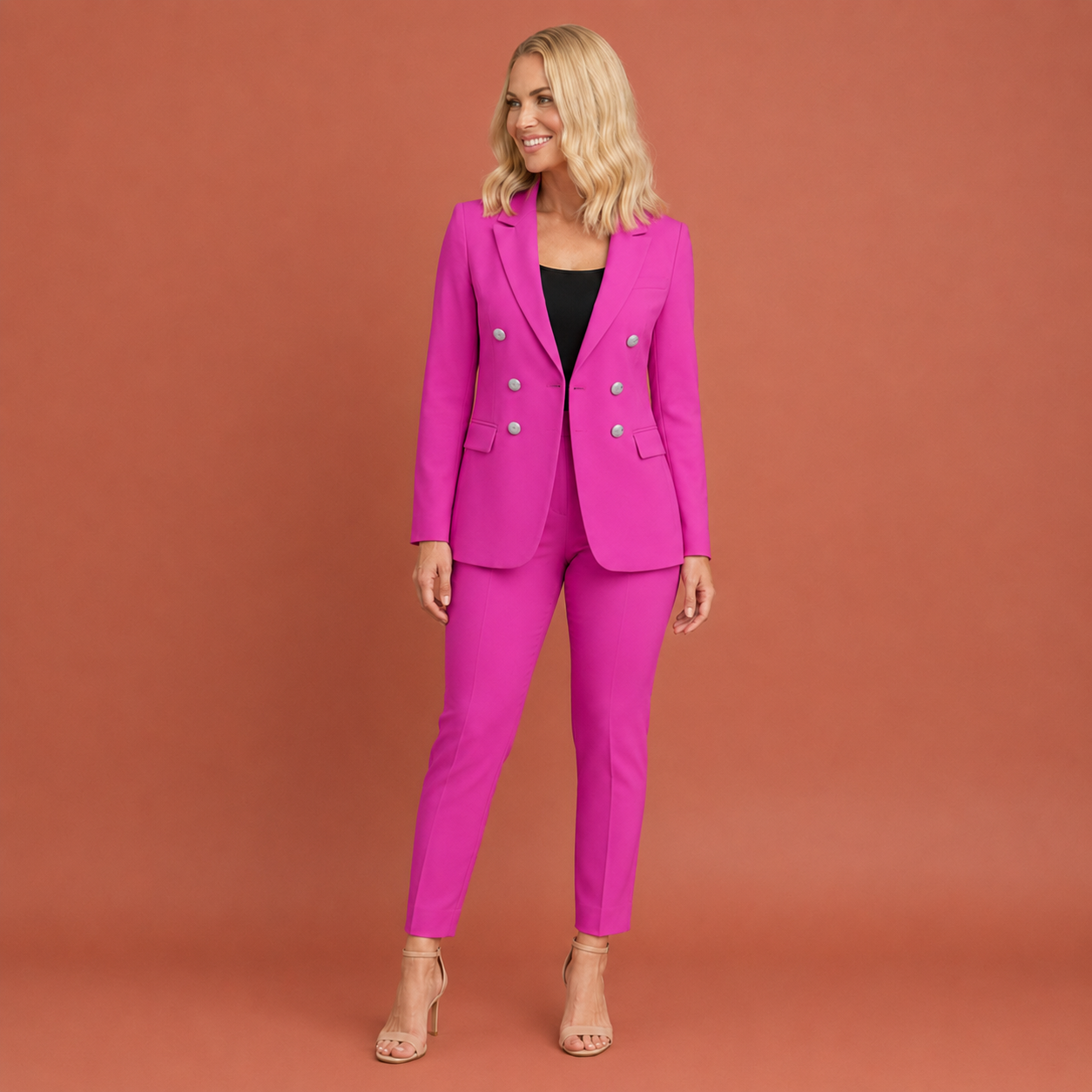 Dames broekpak in donkerroze met minimalistisch design, zacht en comfortabel voor casual en stijlvolle outfits.