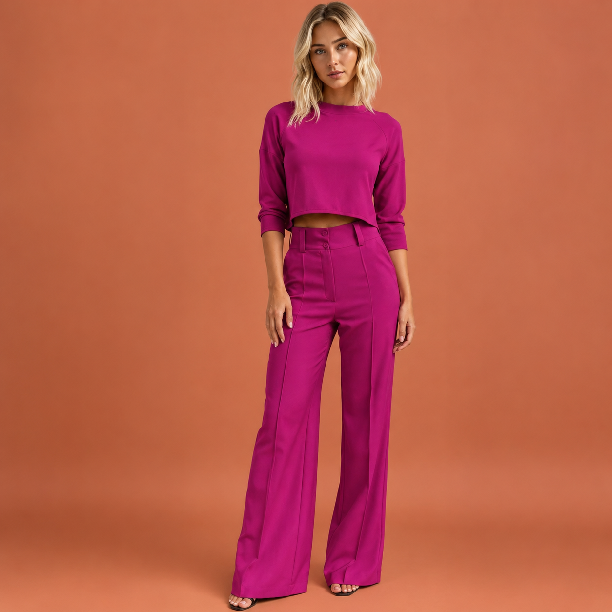 Dames set in donkerroze met minimalistisch design, zacht en comfortabel voor casual en stijlvolle outfits.