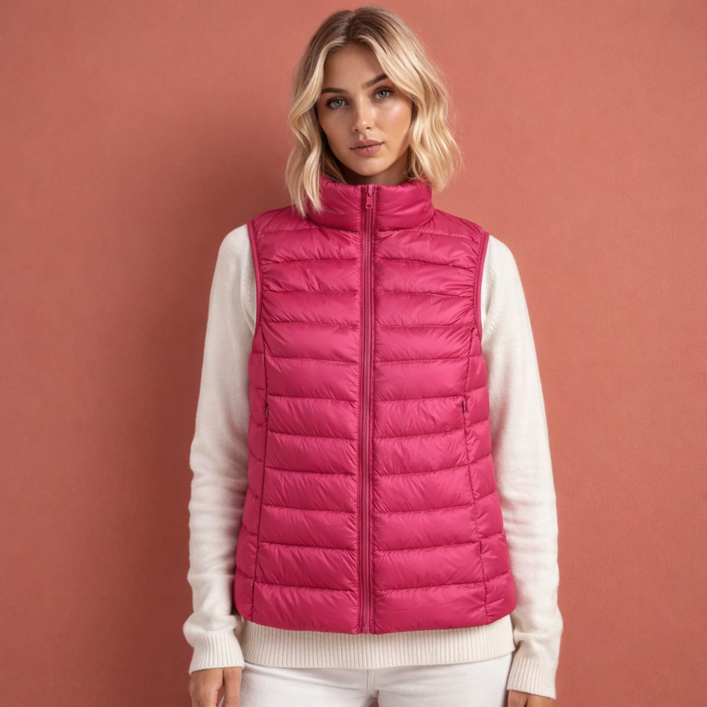 Donkerroze dames mouwloze bodywarmer met ritssluiting en comfortabele pasvorm, ideaal voor dagelijks gebruik en koude dagen.