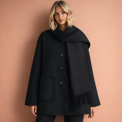 Donkerzwarte elegante damesjas met ruime pasvorm en bijpassende sjaal, ideaal voor stijlvolle outfits tijdens koude dagen.