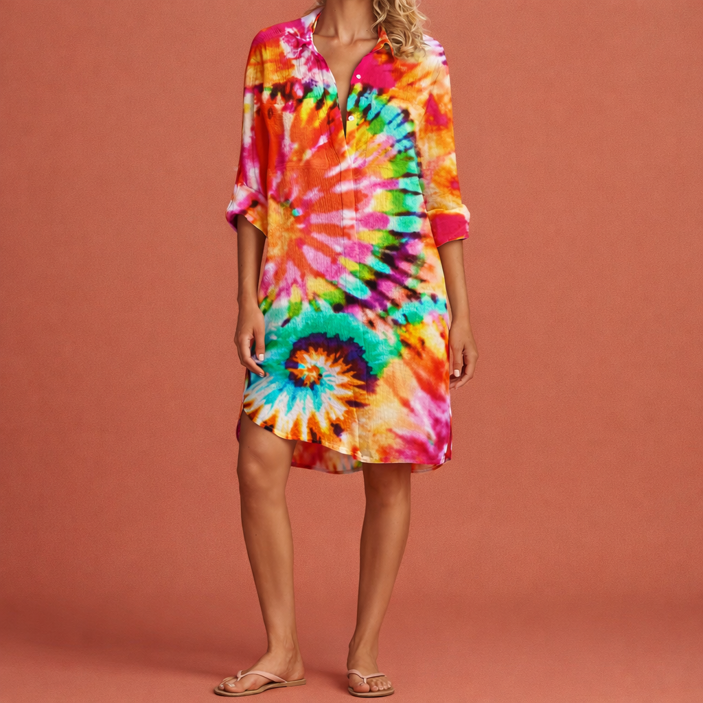 Dames midi zomerjurk in effen oranje met minimalistisch design, zacht en comfortabel voor casual en stijlvolle outfits.