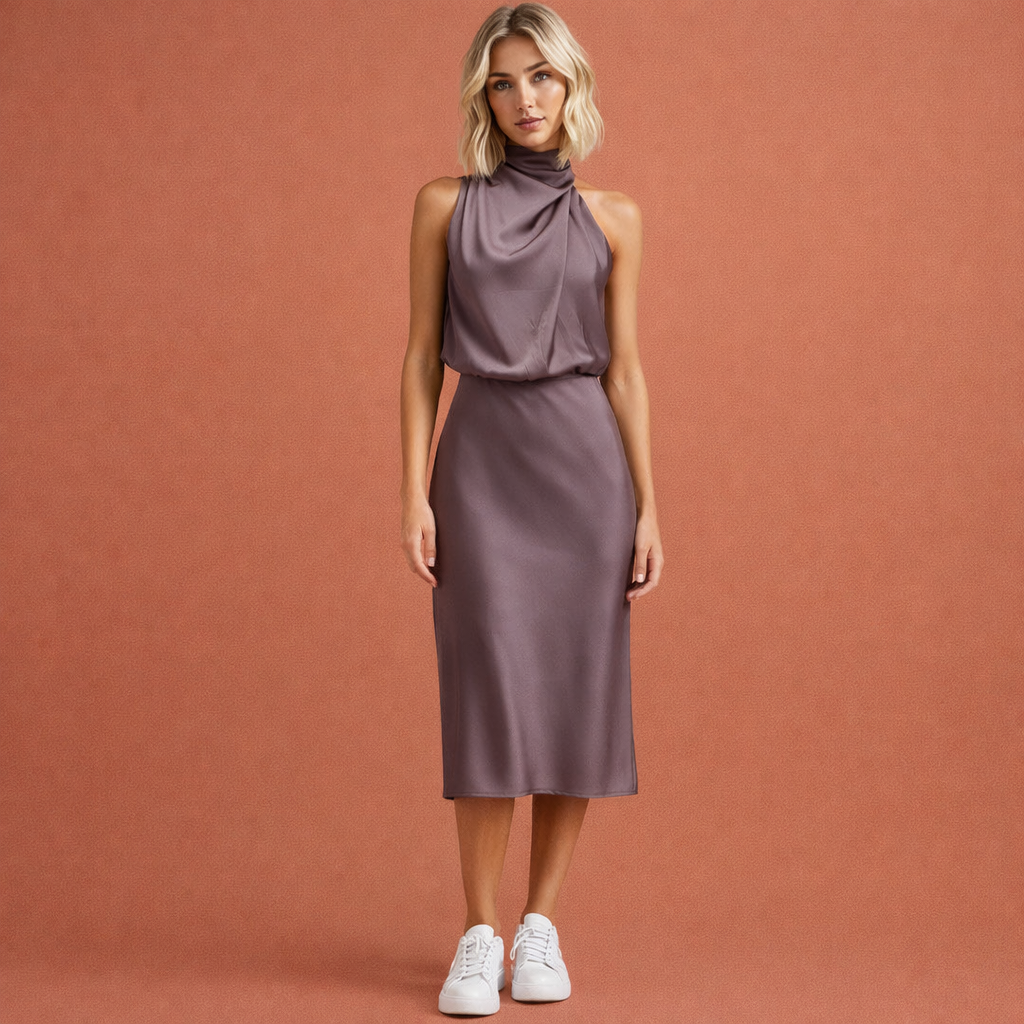 Dames maxi jurk in espresso met minimalistisch design, zacht en comfortabel voor casual en stijlvolle outfits.