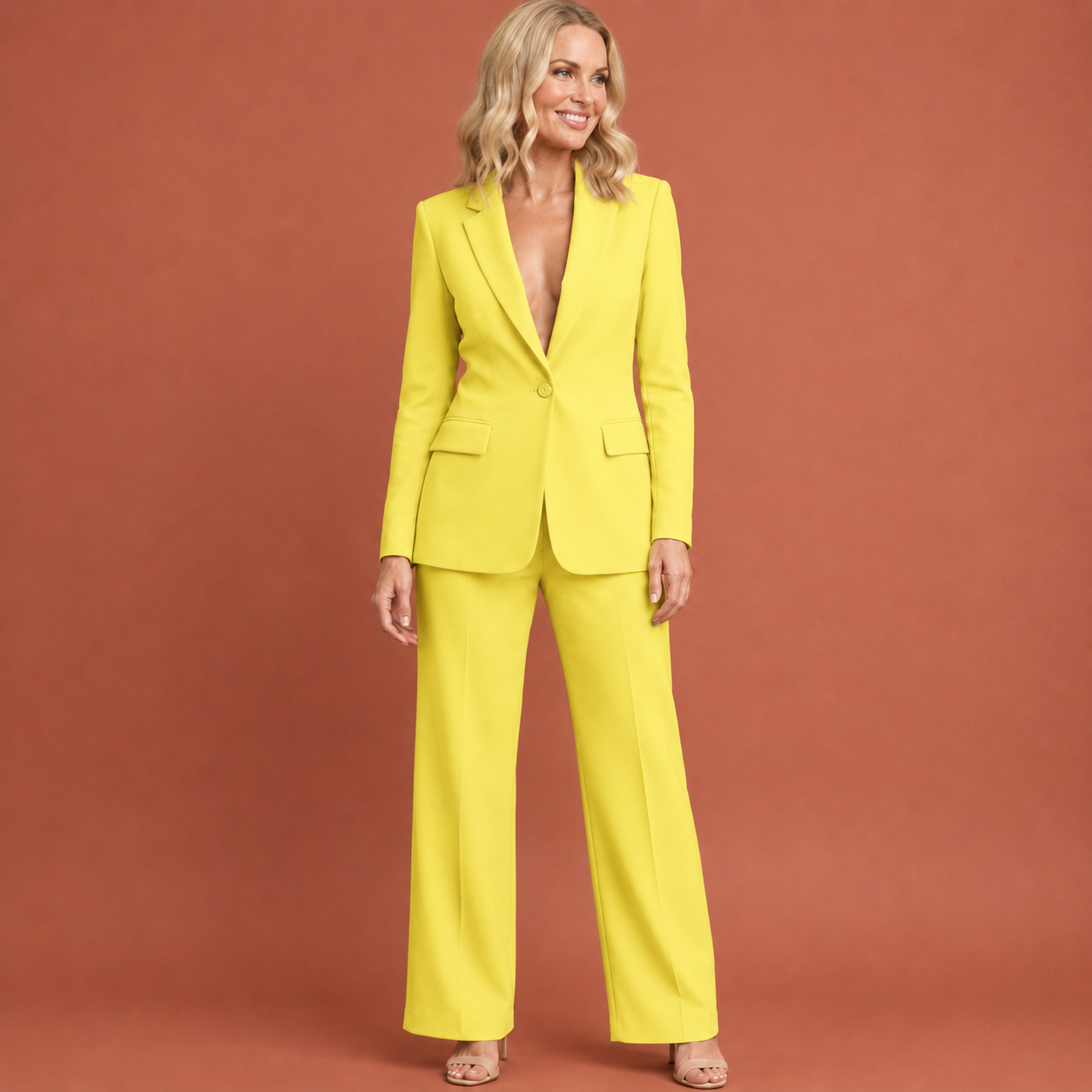 Dames broekpak in geel met minimalistisch design, zacht en comfortabel voor casual en stijlvolle outfits.