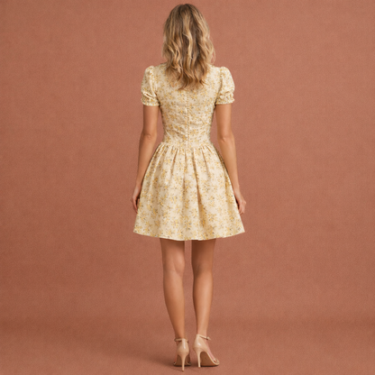 Gele bodycon jurk voor dames met pofmouwen en bloemenprint, perfect voor zomerse gelegenheden en feestelijke momenten.1