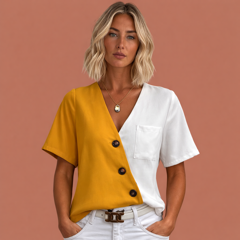 Dames colorblock blouse in geel met minimalistisch design, zacht en comfortabel voor casual en stijlvolle outfits.