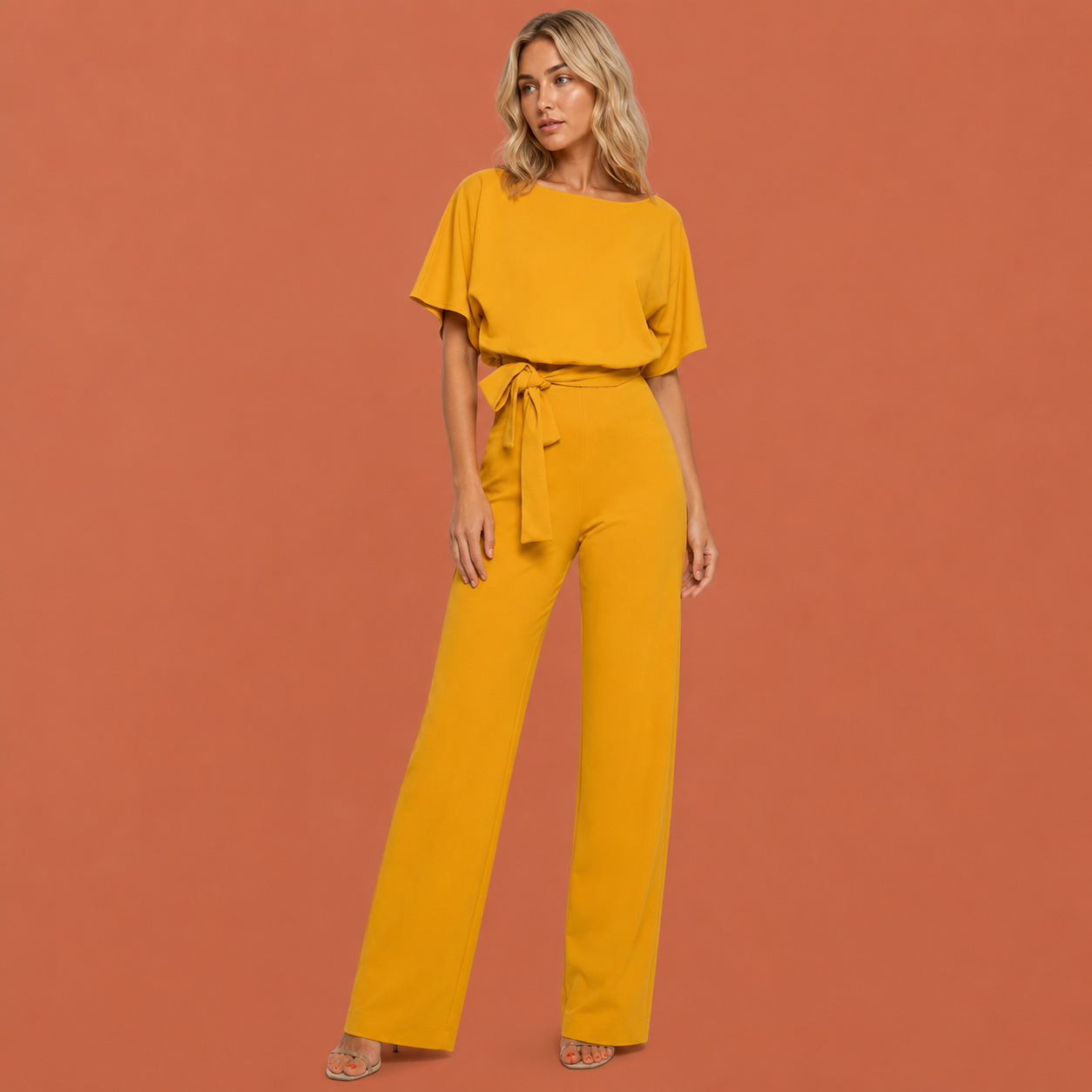 Dames jumpsuit in geel met minimalistisch design, zacht en comfortabel voor casual en stijlvolle outfits.