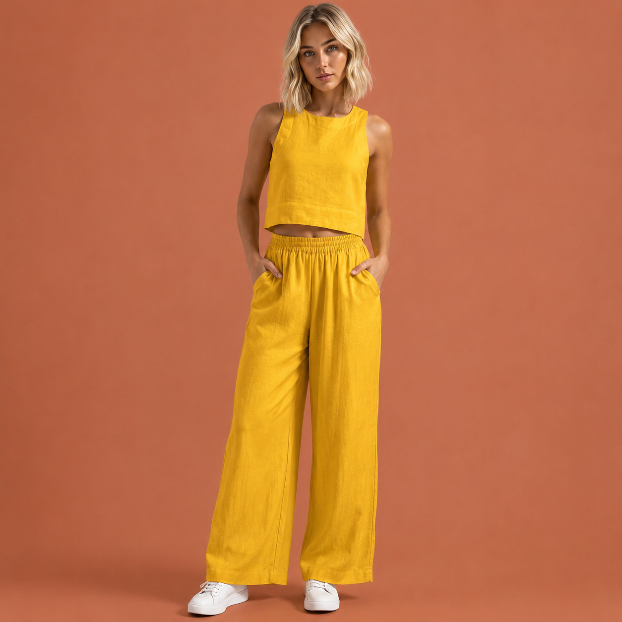Dames linnen set in geel met minimalistisch design, zacht en comfortabel voor casual en stijlvolle outfits.
