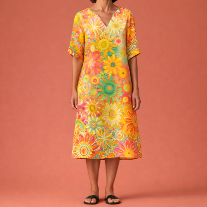 Dames midi bloemenjurk in geel met minimalistisch design, zacht en comfortabel voor casual en stijlvolle outfits.