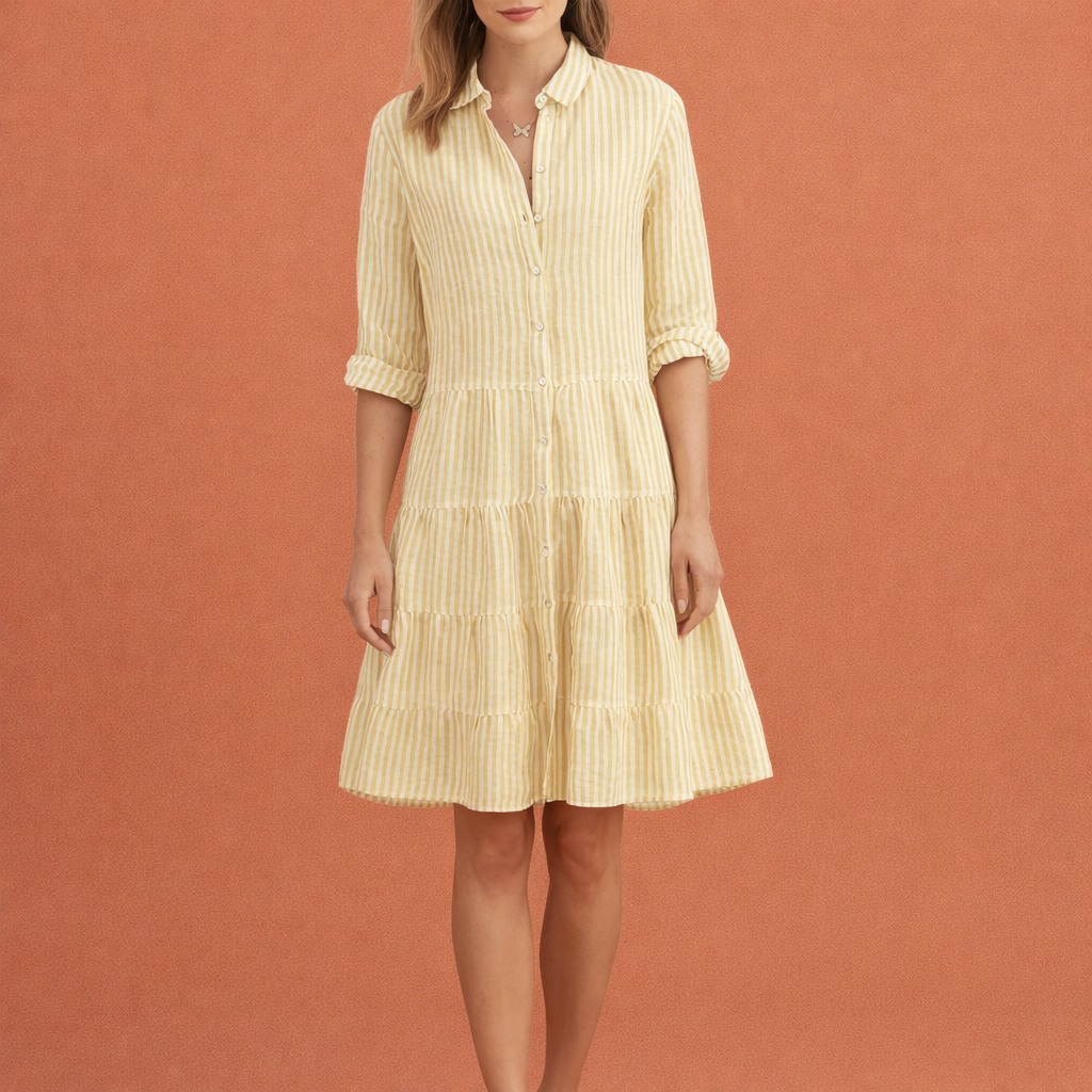 Dames midi zomerjurk in geel met minimalistisch design, zacht en comfortabel voor casual en stijlvolle outfits.