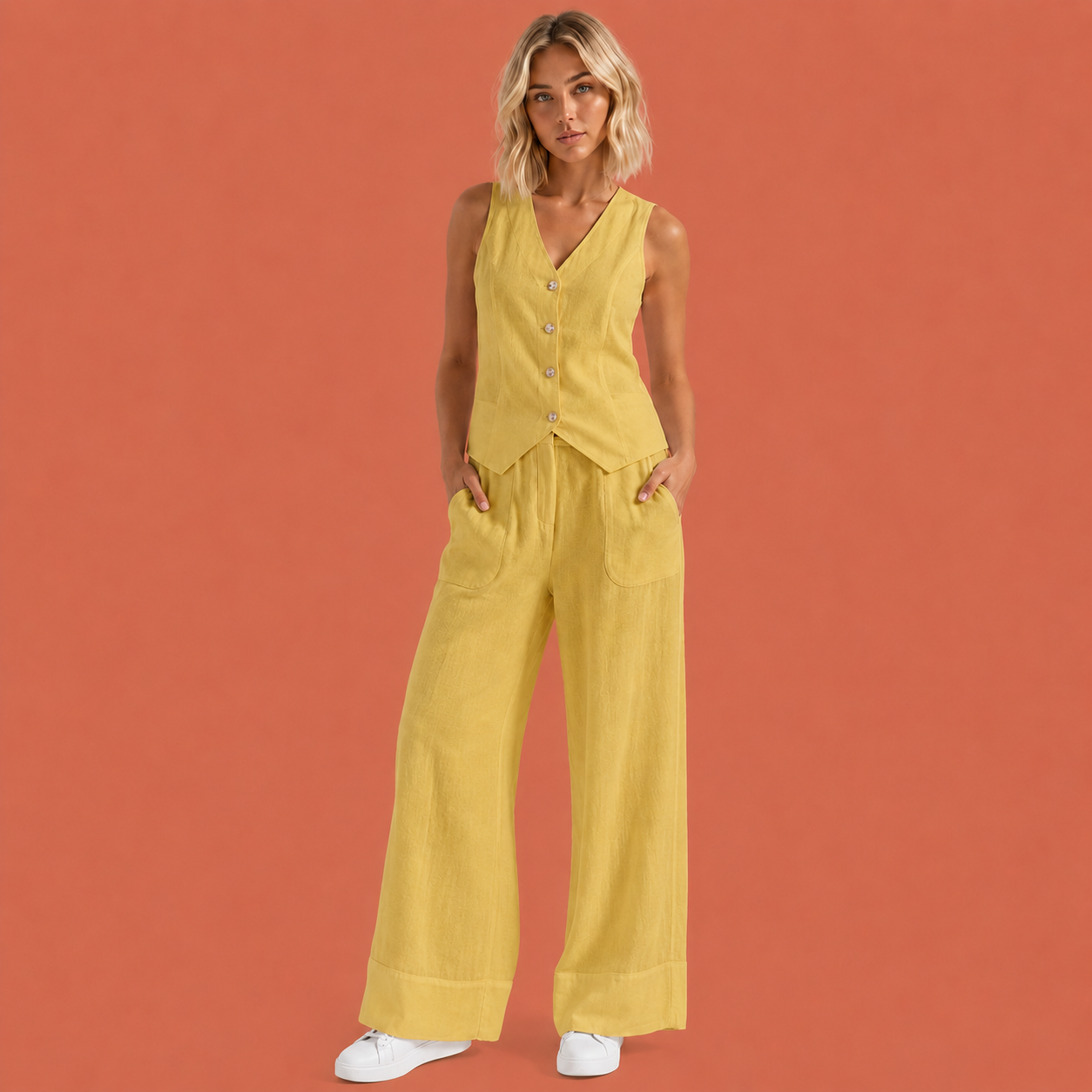 Dames set in geel met minimalistisch design, zacht en comfortabel voor casual en stijlvolle outfits.