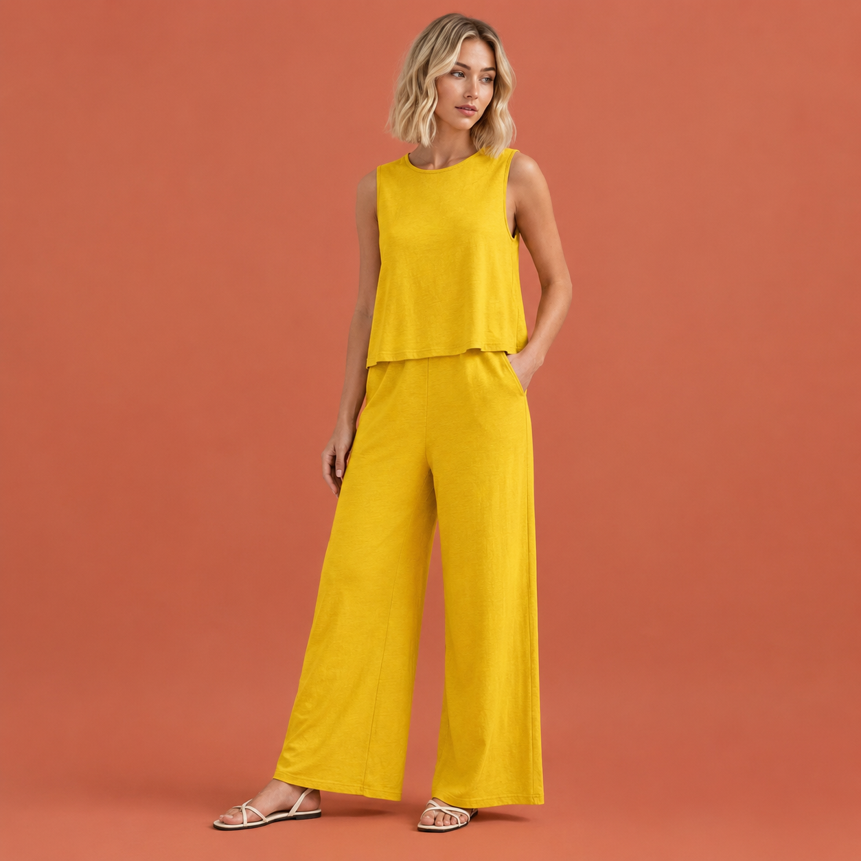 Dames zomer set in geel met minimalistisch design, zacht en comfortabel voor casual en stijlvolle outfits.