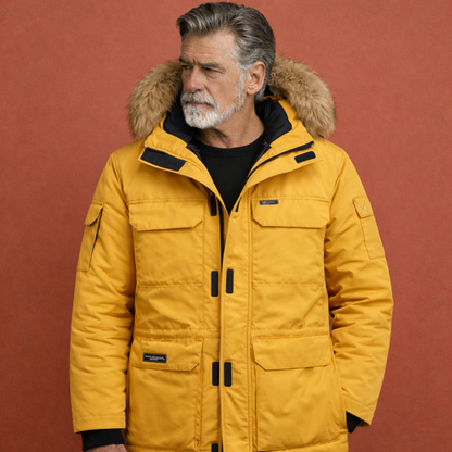 Gele heren parka met capuchon en ritssluiting, geschikt voor dagelijks gebruik tijdens koude dagen.