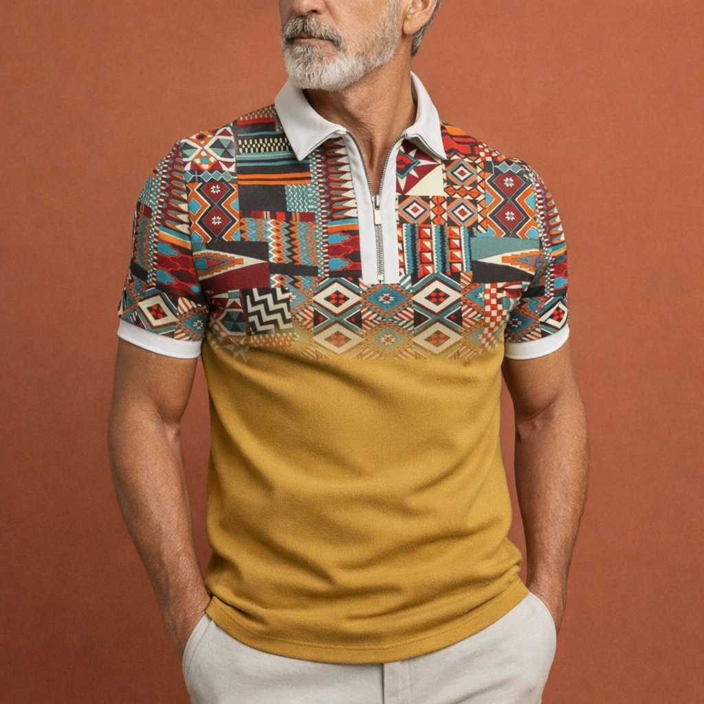 Heren polo in geel met retro strepen, comfortabel en stijlvol voor casual en zomerse outfits.