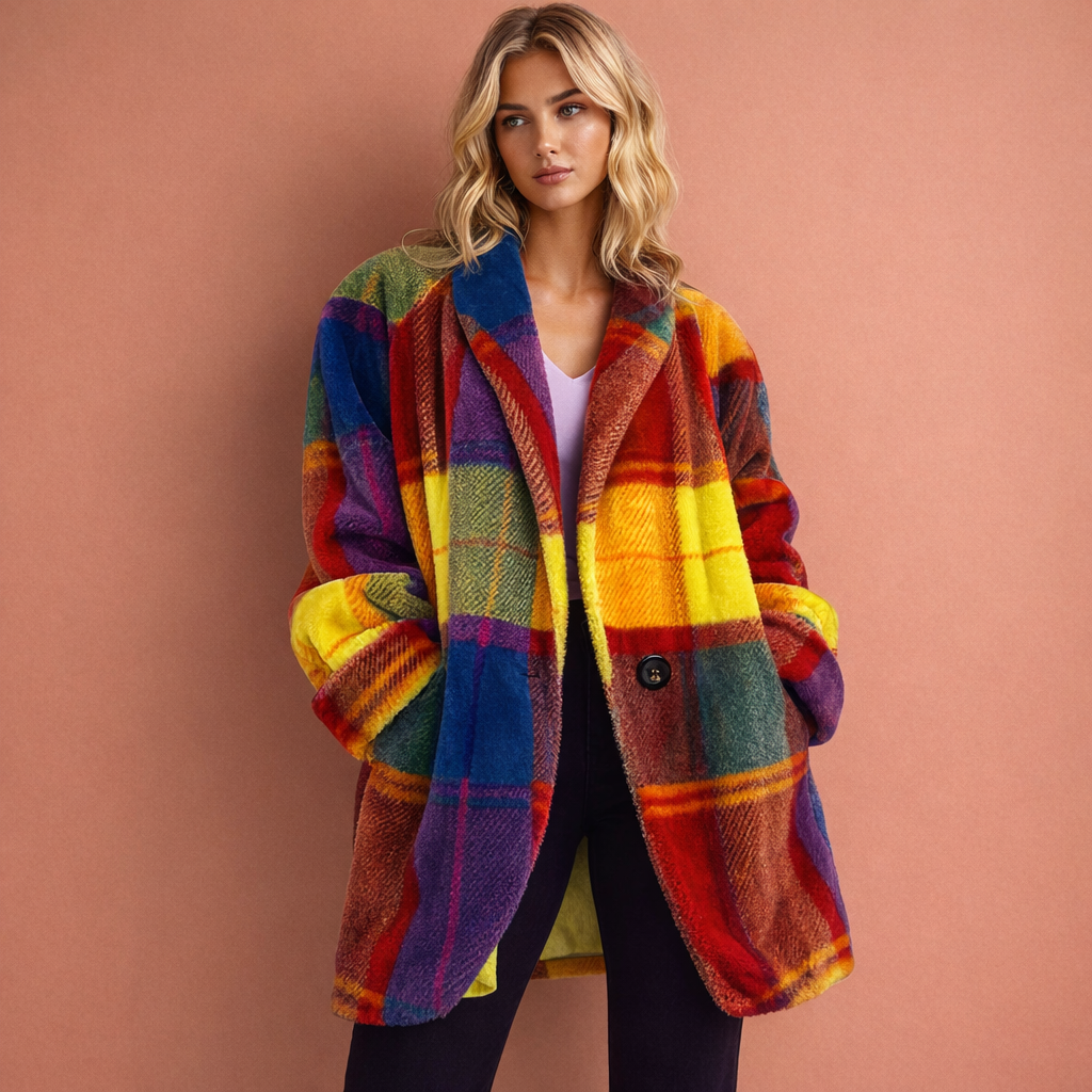 Gele kleurrijke damesmantel met revers en zakken, comfortabel en stijlvol voor dagelijks gebruik en koude dagen.