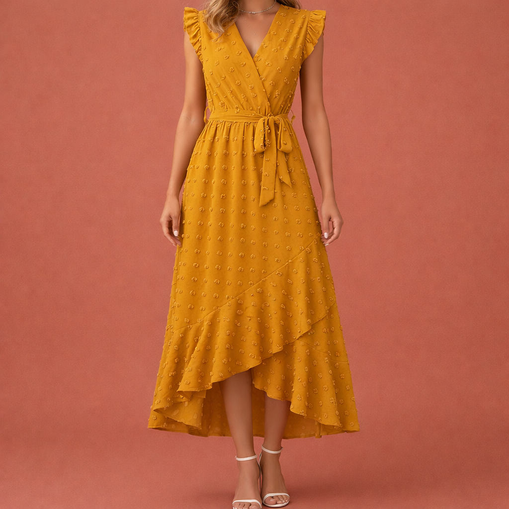 Dames maxi jurk in geel met minimalistisch design, zacht en comfortabel voor casual en stijlvolle outfits.