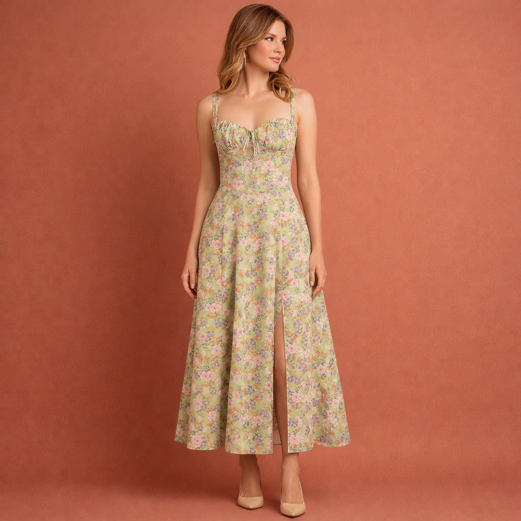 Dames midi jurk in gele print met minimalistisch design, zacht en comfortabel voor casual en stijlvolle outfits.