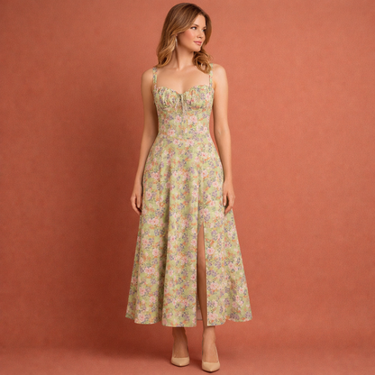 Dames midi jurk in gele print met minimalistisch design, zacht en comfortabel voor casual en stijlvolle outfits.