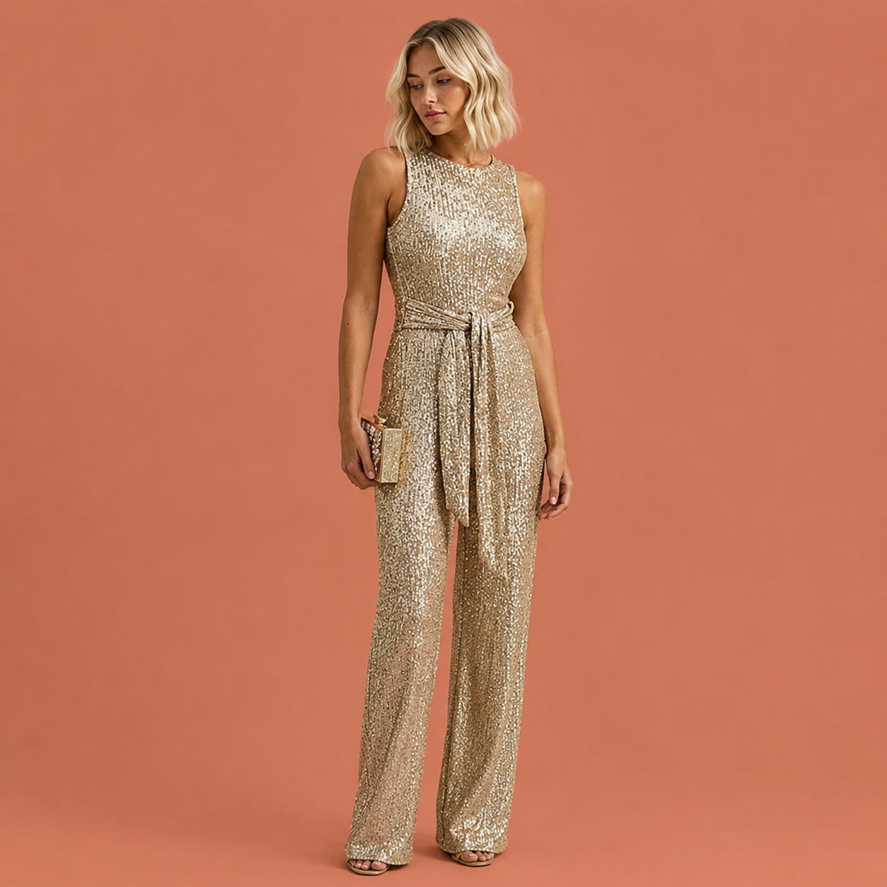 Dames glitter jumpsuit in goud met elegant design, flatterend en comfortabel voor feestelijke en stijlvolle outfits.