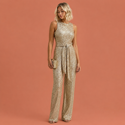 Dames glitter jumpsuit in goud met elegant design, flatterend en comfortabel voor feestelijke en stijlvolle outfits.
