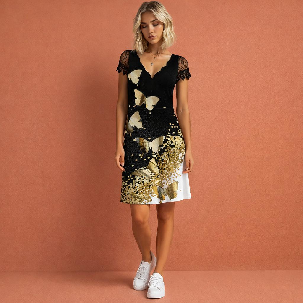 Dames mini-jurk in goud met minimalistisch design, zacht en comfortabel voor casual en stijlvolle outfits.