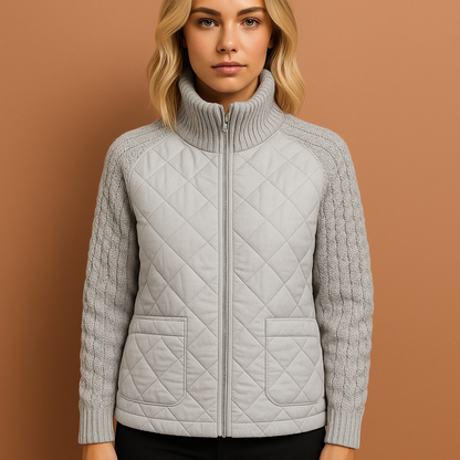 Dames patchwork gebreid vest in grijs met modern design, zacht en comfortabel voor dagelijks gebruik.