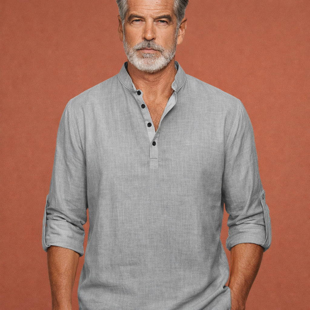 Heren linnen Henley shirt in grijs met minimalistisch design, zacht en comfortabel voor casual en stijlvolle outfits.