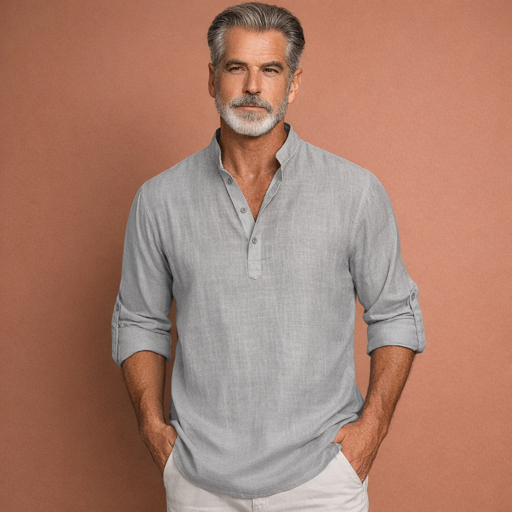 Heren linnen overhemd in grijs met klassiek design, ademend en comfortabel voor casual en stijlvolle outfits.