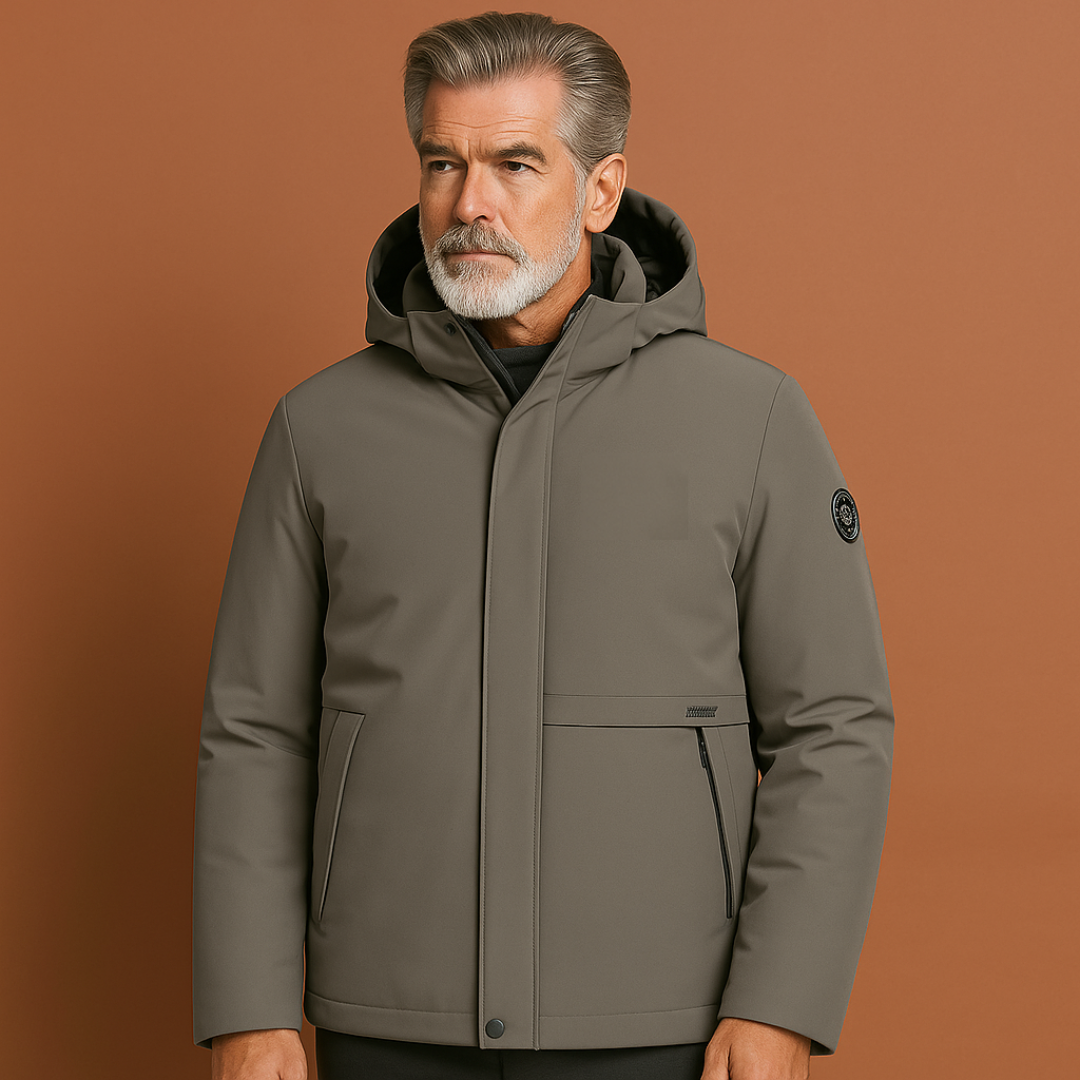 Heren winterjas in gijs met regular fit, ademend en waterdicht voor koude en regenachtige dagen in herfst en winter.